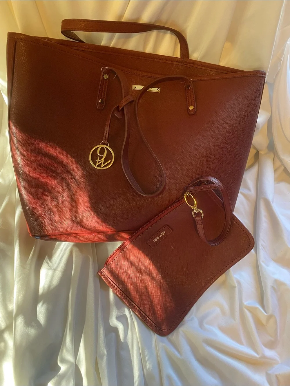 Nine West Wine Saffiano Hobo with Gold Charm